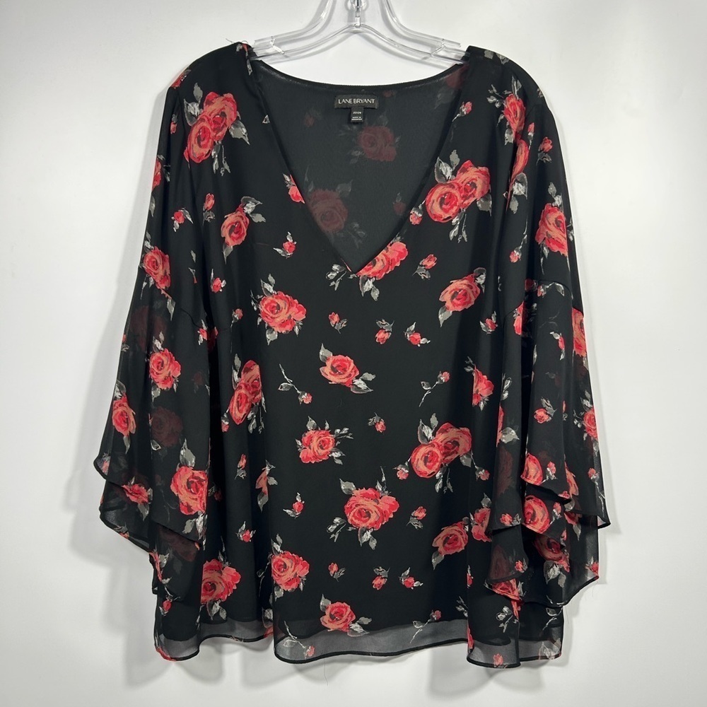 Lane Bryant Black/Red Floral Print Tiered Fluttered Elbow Sleeves Blouse 22-24